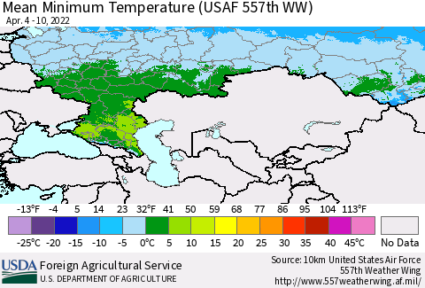 Russian Federation Mean Minimum Temperature (USAF 557th WW) Thematic Map For 4/4/2022 - 4/10/2022