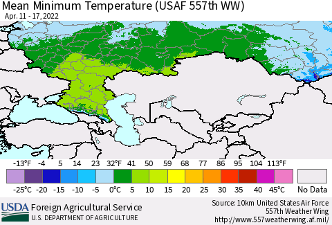 Russian Federation Mean Minimum Temperature (USAF 557th WW) Thematic Map For 4/11/2022 - 4/17/2022