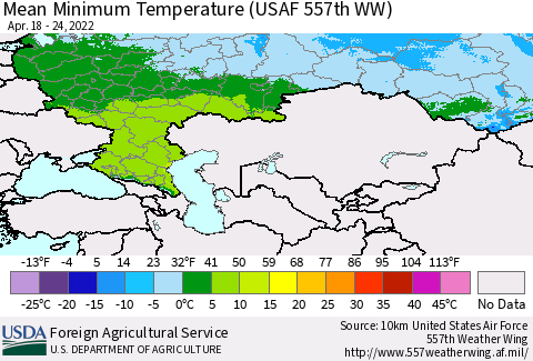 Russian Federation Mean Minimum Temperature (USAF 557th WW) Thematic Map For 4/18/2022 - 4/24/2022