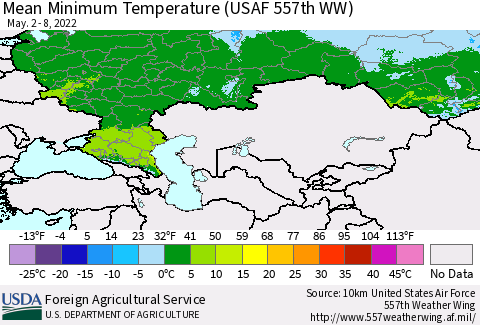 Russian Federation Mean Minimum Temperature (USAF 557th WW) Thematic Map For 5/2/2022 - 5/8/2022