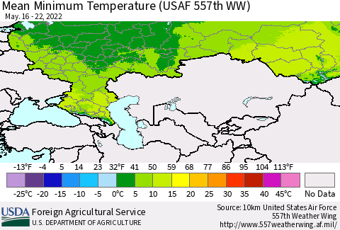 Russian Federation Mean Minimum Temperature (USAF 557th WW) Thematic Map For 5/16/2022 - 5/22/2022