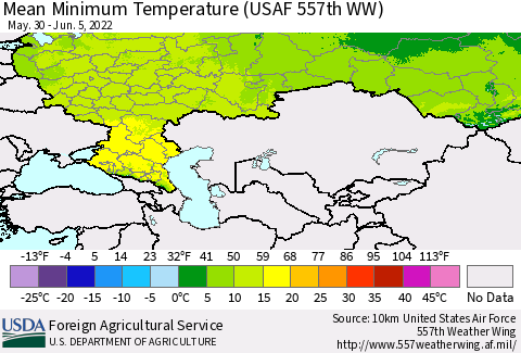 Russian Federation Mean Minimum Temperature (USAF 557th WW) Thematic Map For 5/30/2022 - 6/5/2022