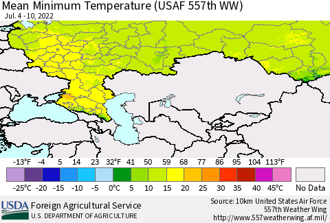 Russian Federation Mean Minimum Temperature (USAF 557th WW) Thematic Map For 7/4/2022 - 7/10/2022