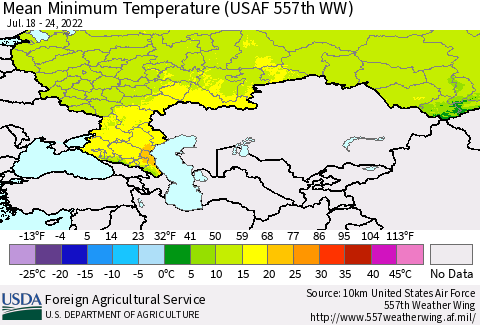 Russian Federation Mean Minimum Temperature (USAF 557th WW) Thematic Map For 7/18/2022 - 7/24/2022