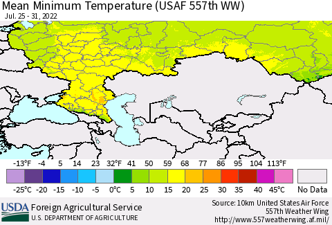 Russian Federation Mean Minimum Temperature (USAF 557th WW) Thematic Map For 7/25/2022 - 7/31/2022