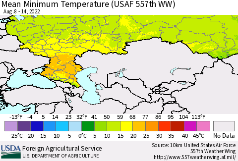 Russian Federation Mean Minimum Temperature (USAF 557th WW) Thematic Map For 8/8/2022 - 8/14/2022