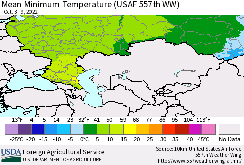 Russian Federation Mean Minimum Temperature (USAF 557th WW) Thematic Map For 10/3/2022 - 10/9/2022