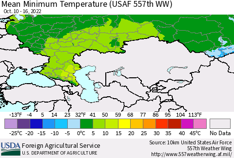 Russian Federation Mean Minimum Temperature (USAF 557th WW) Thematic Map For 10/10/2022 - 10/16/2022
