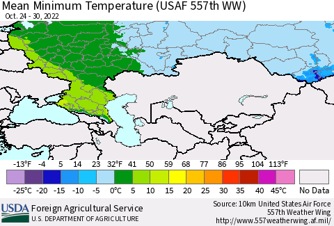Russian Federation Mean Minimum Temperature (USAF 557th WW) Thematic Map For 10/24/2022 - 10/30/2022