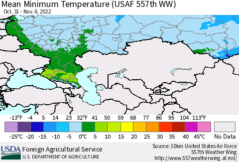 Russian Federation Mean Minimum Temperature (USAF 557th WW) Thematic Map For 10/31/2022 - 11/6/2022