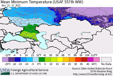 Russian Federation Mean Minimum Temperature (USAF 557th WW) Thematic Map For 11/21/2022 - 11/27/2022