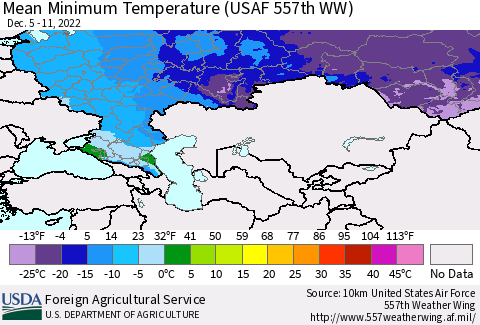 Russian Federation Mean Minimum Temperature (USAF 557th WW) Thematic Map For 12/5/2022 - 12/11/2022