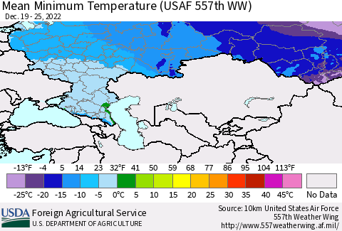 Russian Federation Mean Minimum Temperature (USAF 557th WW) Thematic Map For 12/19/2022 - 12/25/2022