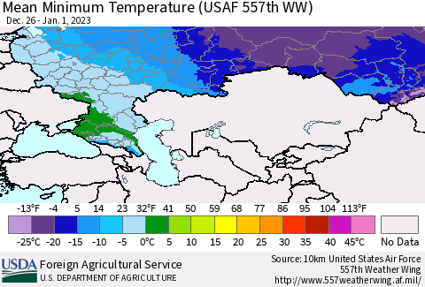 Russian Federation Mean Minimum Temperature (USAF 557th WW) Thematic Map For 12/26/2022 - 1/1/2023