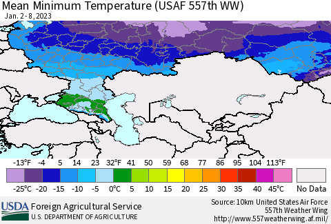 Russian Federation Mean Minimum Temperature (USAF 557th WW) Thematic Map For 1/2/2023 - 1/8/2023