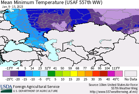 Russian Federation Mean Minimum Temperature (USAF 557th WW) Thematic Map For 1/9/2023 - 1/15/2023