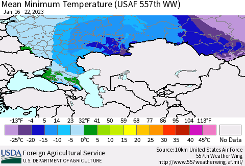 Russian Federation Mean Minimum Temperature (USAF 557th WW) Thematic Map For 1/16/2023 - 1/22/2023
