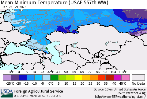 Russian Federation Mean Minimum Temperature (USAF 557th WW) Thematic Map For 1/23/2023 - 1/29/2023
