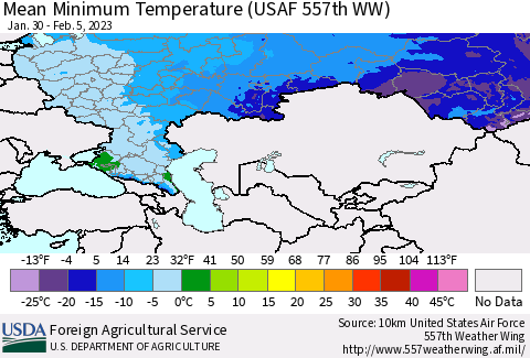Russian Federation Mean Minimum Temperature (USAF 557th WW) Thematic Map For 1/30/2023 - 2/5/2023
