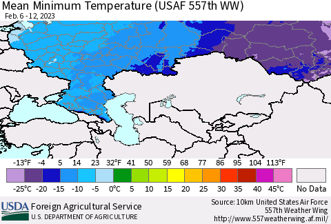 Russian Federation Mean Minimum Temperature (USAF 557th WW) Thematic Map For 2/6/2023 - 2/12/2023