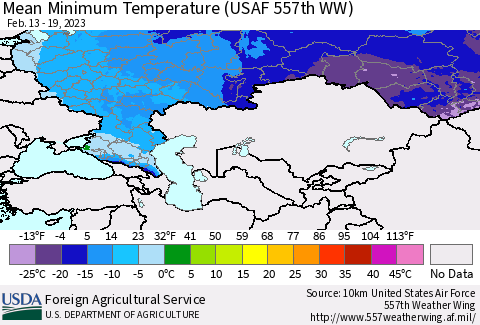 Russian Federation Mean Minimum Temperature (USAF 557th WW) Thematic Map For 2/13/2023 - 2/19/2023
