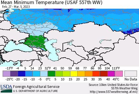 Russian Federation Mean Minimum Temperature (USAF 557th WW) Thematic Map For 2/27/2023 - 3/5/2023