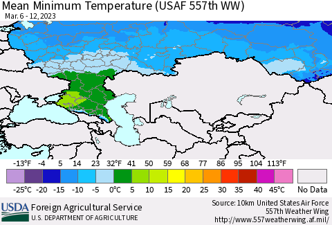 Russian Federation Mean Minimum Temperature (USAF 557th WW) Thematic Map For 3/6/2023 - 3/12/2023