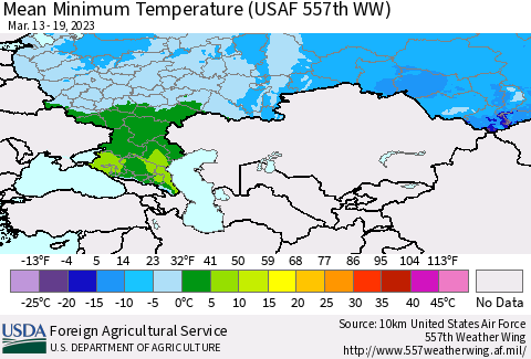 Russian Federation Mean Minimum Temperature (USAF 557th WW) Thematic Map For 3/13/2023 - 3/19/2023
