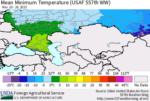 Russian Federation Mean Minimum Temperature (USAF 557th WW) Thematic Map For 3/20/2023 - 3/26/2023