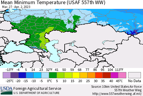 Russian Federation Mean Minimum Temperature (USAF 557th WW) Thematic Map For 3/27/2023 - 4/2/2023