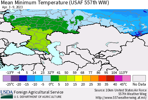 Russian Federation Mean Minimum Temperature (USAF 557th WW) Thematic Map For 4/3/2023 - 4/9/2023
