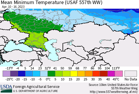 Russian Federation Mean Minimum Temperature (USAF 557th WW) Thematic Map For 4/10/2023 - 4/16/2023