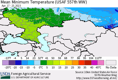 Russian Federation Mean Minimum Temperature (USAF 557th WW) Thematic Map For 4/17/2023 - 4/23/2023