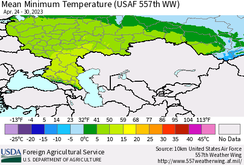 Russian Federation Mean Minimum Temperature (USAF 557th WW) Thematic Map For 4/24/2023 - 4/30/2023