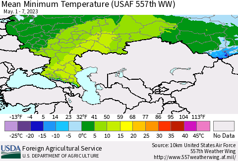 Russian Federation Mean Minimum Temperature (USAF 557th WW) Thematic Map For 5/1/2023 - 5/7/2023