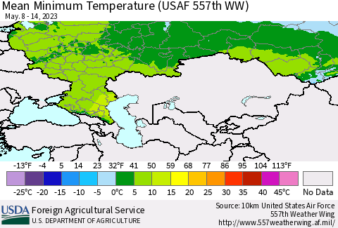 Russian Federation Mean Minimum Temperature (USAF 557th WW) Thematic Map For 5/8/2023 - 5/14/2023
