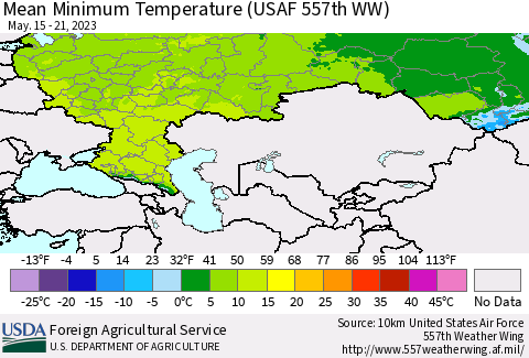 Russian Federation Mean Minimum Temperature (USAF 557th WW) Thematic Map For 5/15/2023 - 5/21/2023