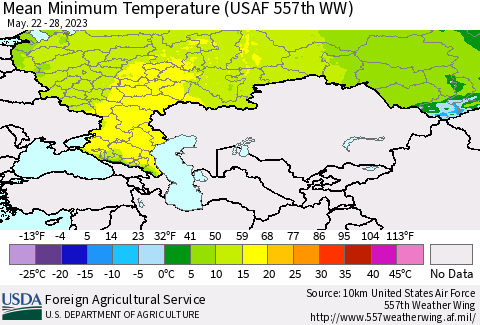 Russian Federation Mean Minimum Temperature (USAF 557th WW) Thematic Map For 5/22/2023 - 5/28/2023