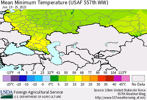 Russian Federation Mean Minimum Temperature (USAF 557th WW) Thematic Map For 6/19/2023 - 6/25/2023
