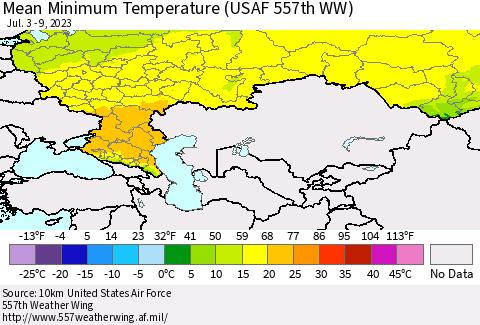 Russian Federation Mean Minimum Temperature (USAF 557th WW) Thematic Map For 7/3/2023 - 7/9/2023