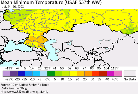 Russian Federation Mean Minimum Temperature (USAF 557th WW) Thematic Map For 7/24/2023 - 7/30/2023