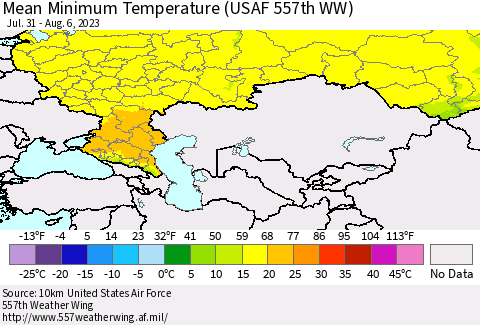 Russian Federation Mean Minimum Temperature (USAF 557th WW) Thematic Map For 7/31/2023 - 8/6/2023