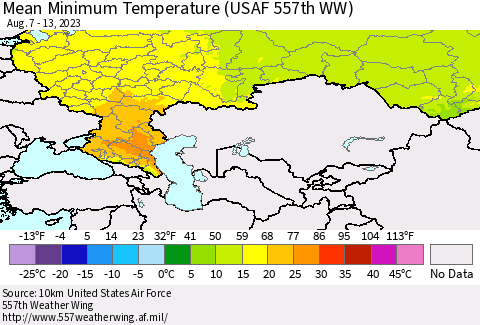 Russian Federation Mean Minimum Temperature (USAF 557th WW) Thematic Map For 8/7/2023 - 8/13/2023