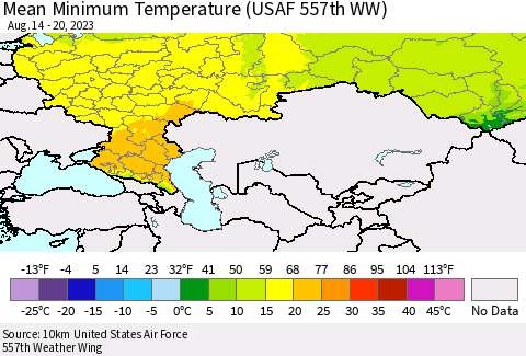 Russian Federation Mean Minimum Temperature (USAF 557th WW) Thematic Map For 8/14/2023 - 8/20/2023