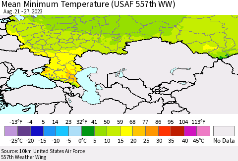 Russian Federation Mean Minimum Temperature (USAF 557th WW) Thematic Map For 8/21/2023 - 8/27/2023