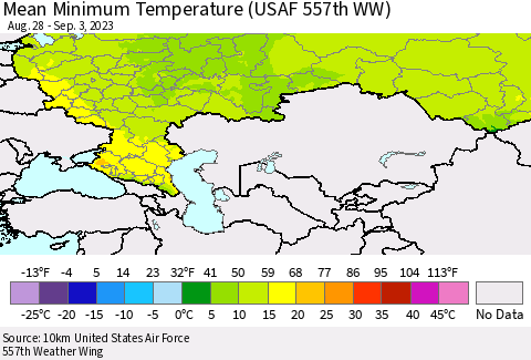 Russian Federation Mean Minimum Temperature (USAF 557th WW) Thematic Map For 8/28/2023 - 9/3/2023