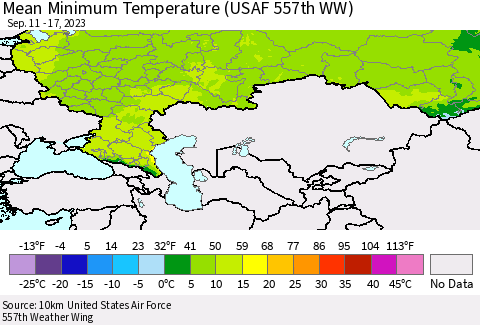 Russian Federation Mean Minimum Temperature (USAF 557th WW) Thematic Map For 9/11/2023 - 9/17/2023