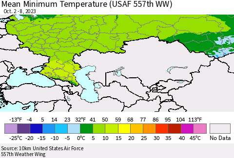 Russian Federation Mean Minimum Temperature (USAF 557th WW) Thematic Map For 10/2/2023 - 10/8/2023