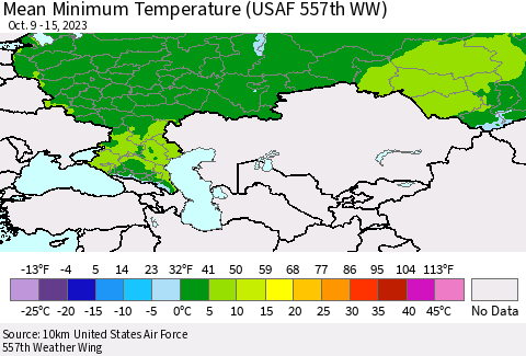 Russian Federation Mean Minimum Temperature (USAF 557th WW) Thematic Map For 10/9/2023 - 10/15/2023