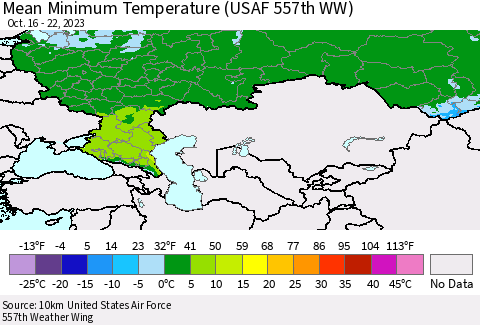 Russian Federation Mean Minimum Temperature (USAF 557th WW) Thematic Map For 10/16/2023 - 10/22/2023